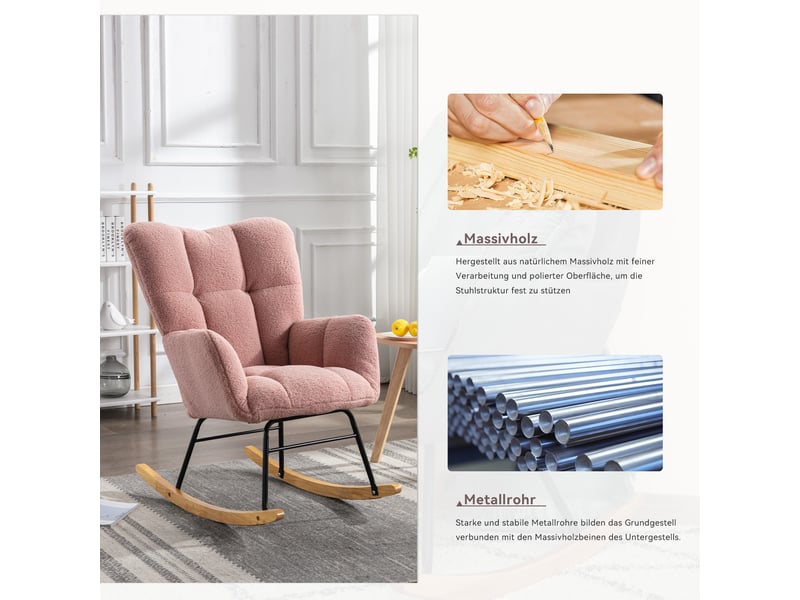  Fauteuil à bascule rose au design moderne et capitonné, tissu teddy doux  - Conforama E