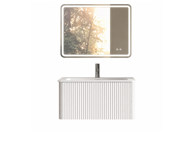 Meuble sous vasque suspendu avec 1 tiroir et miroir led antibuée réglable pour salle de bain blanc 81 × 46,5 × 37 cm - Conforama A
