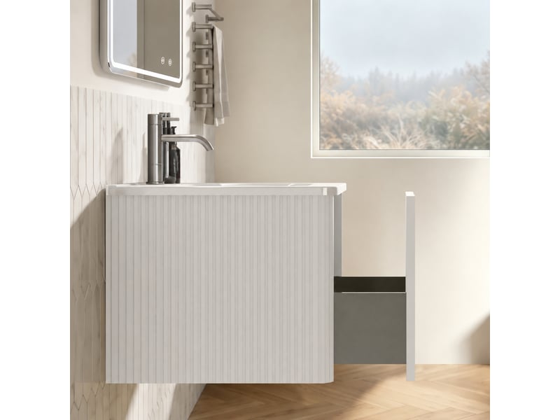  Ensemble meuble vasque suspendu 80 cm blanc avec miroir led  - Conforama D