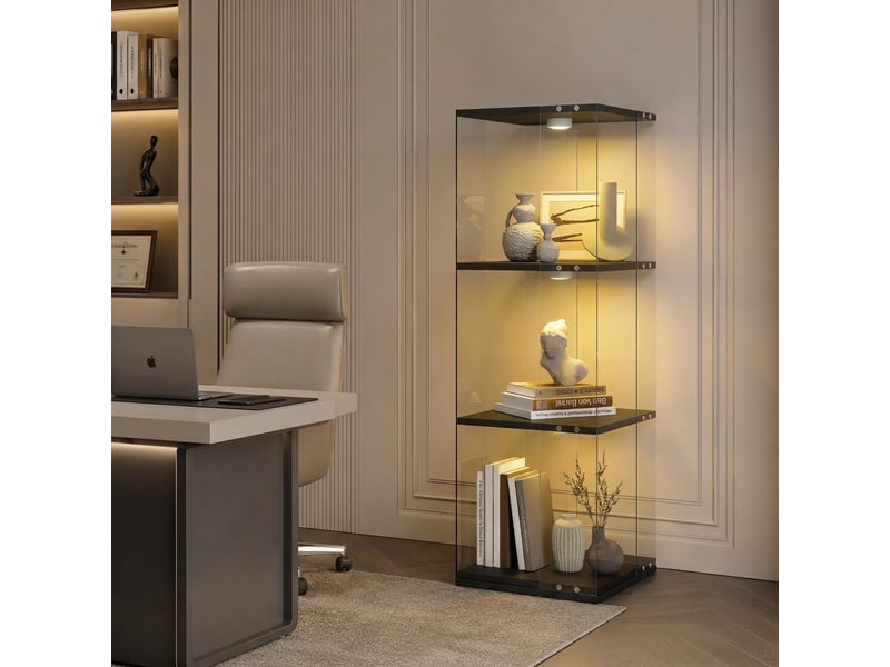  Vitrine d'exposition rotative 360° en verre 3 niveaux 121 cm avec spot led rgb, anti-basculement, verre trempé et bois, noir  - Conforama B