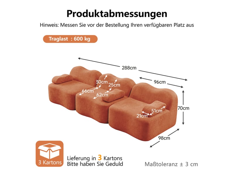 Canapé modulable 3 places orange en velours, design sans dossier avec rangement intégré pour salon moderne - Conforama C