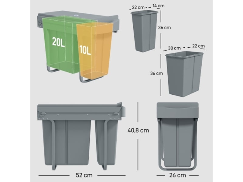  Poubelle coulissante 30 l (20+10 l), 2 bacs amovibles, poignée, métal, grise  - Conforama C