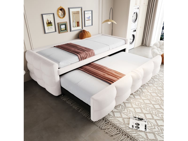 Lit gigogne avec sommier à lattes en velours teddy beige - Conforama C