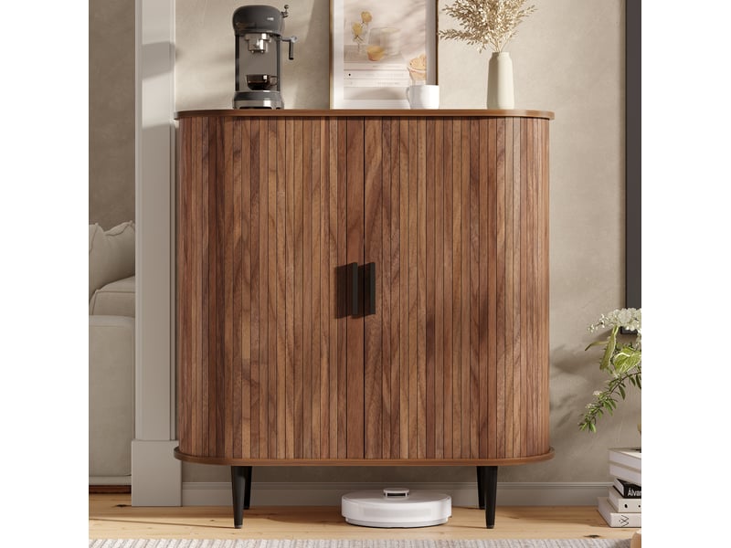 Buffet de rangement avec 2 portes coulissantes à rideau, étagères réglables et 4 crochets, naturel, 85 × 43 × 90 cm - Conforama C