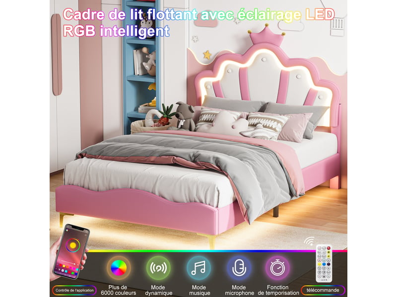 Lit princesse 140x190cm lit jeune avec tête de lit couronnée, éclairage led et sommier à lattes, rangement sous lit pour chambre de fille,sans matelas, pu,rose - Conforama D