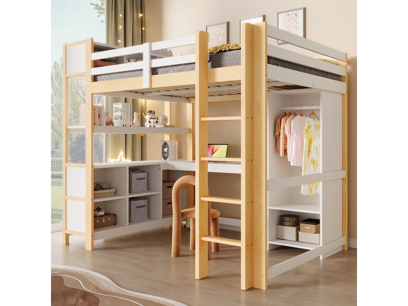  Lit mezzanine enfant 1 place 140×200 cm avec bureau, étagères et armoire - okmyhome- en pin, sans matelas, naturel  - Conforama B