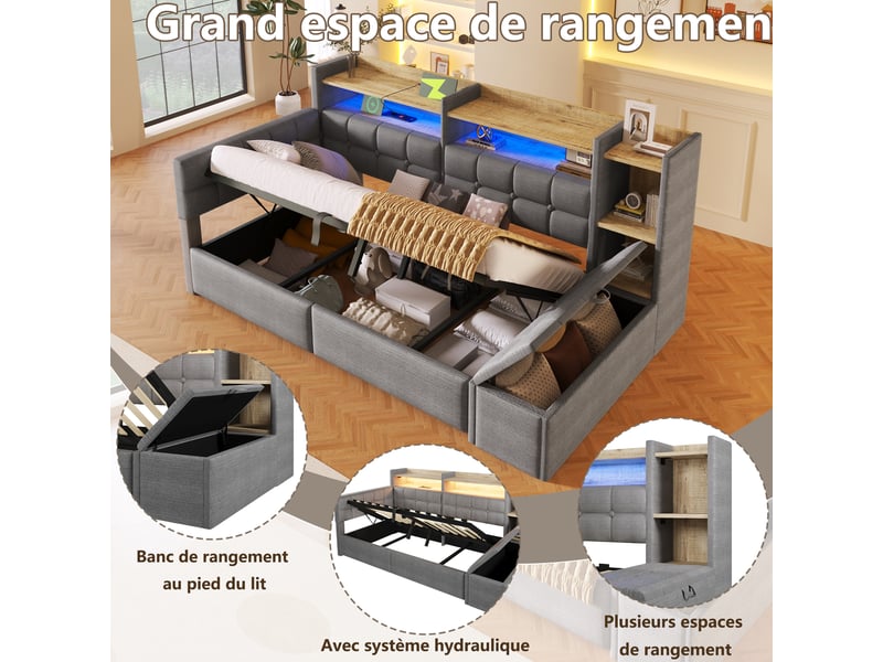  Lit coffre hydraulique 90x200 cm avec led multicolore, usb et usb-c et banc coffre, velours gris foncé, sans matelas  - Conforama E