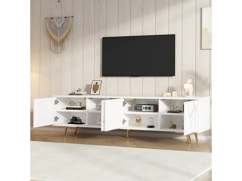  Meuble tv 190 cm pour téléviseur 85 pouces, meuble tv blanc et or avec 4 portes et étagères  - Conforama W