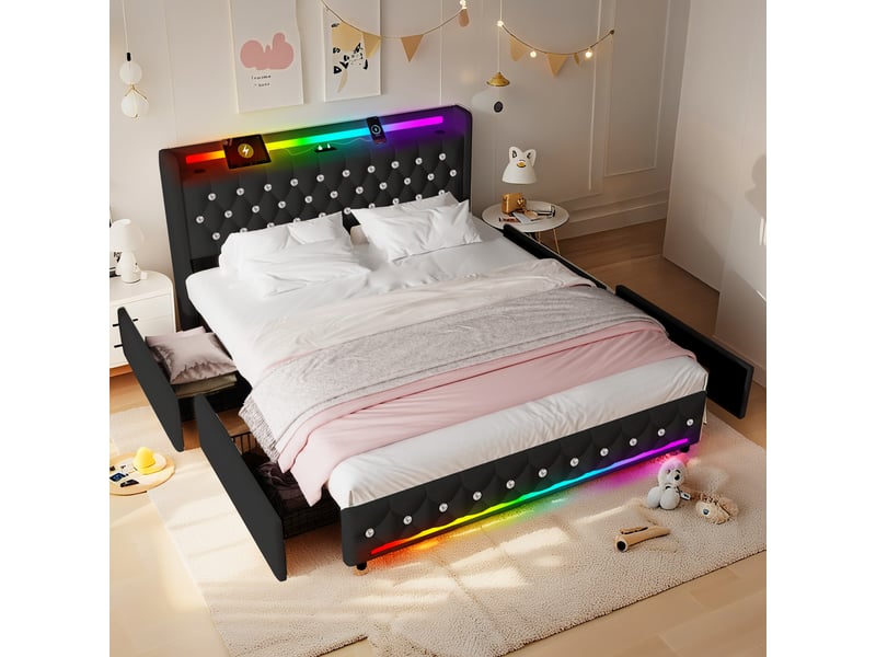  Lit 2 places 160x200 cm noir avec bluetooth, 4 tiroirs, led, ports usb+type-c sans matelas EBD852Q-BK - Conforama B