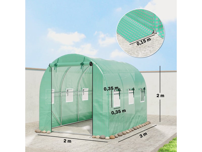  Serre 3 x 2 x 2 m, serre en aluminium avec roulettes, 2 portes à fermeture éclair et 6 fenêtres en filet, poteaux de soutien, verte  - Conforama E