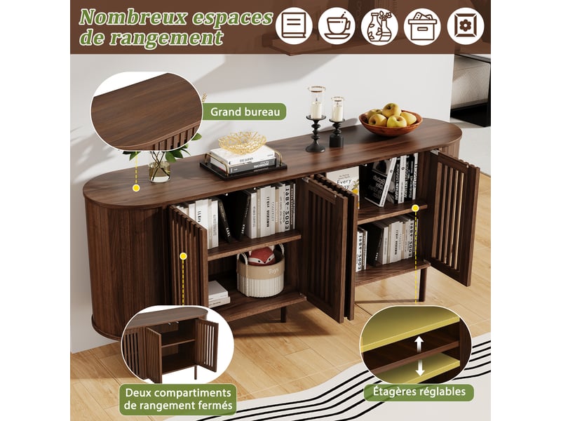  Buffet de salon 160 cm en mdf 4 portes coulissantes - bahut salle à manger noyer avec étagères réglables  - Conforama E