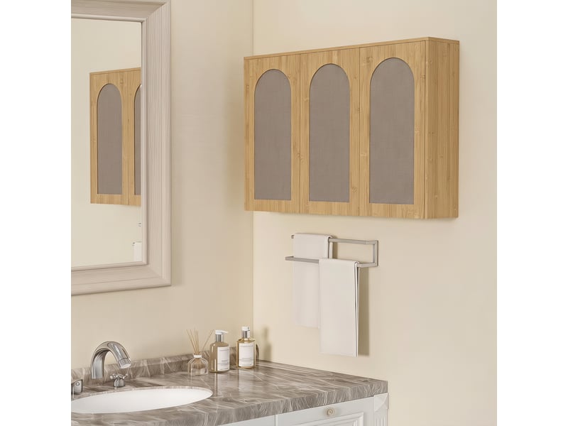  Armoire murale de salle de bain bohème avec 3 portes effet rotin à fermeture douce et étagère réglable, chêne  - Conforama C