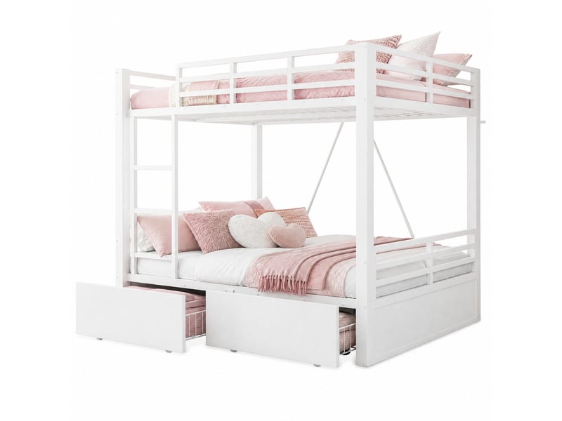  Lit superposé 140 × 200 cm avec 2 tiroirs, échelle et barrières de sécurité en métal blanc pour chambre enfant  - Conforama A
