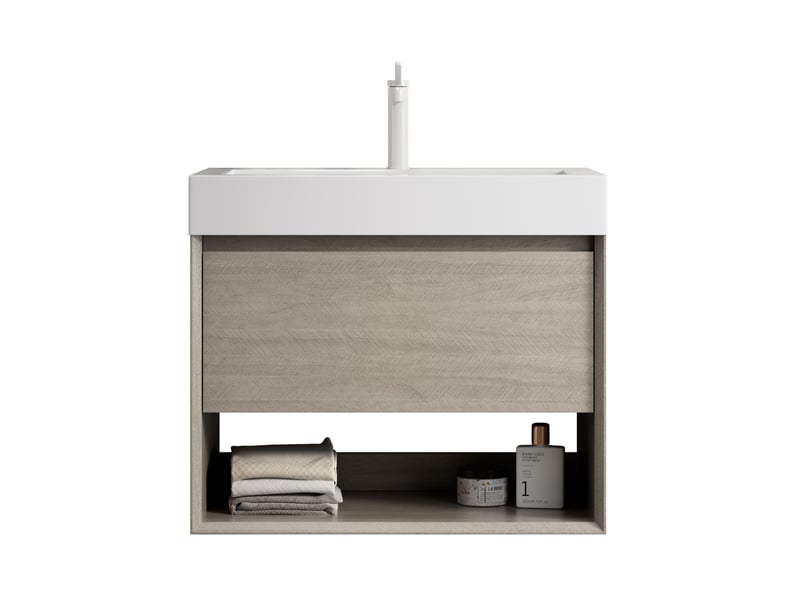 Meuble rangement salle bain vasque suspendu 70 cm tiroir niche chene clair blanc homvra - Conforama A