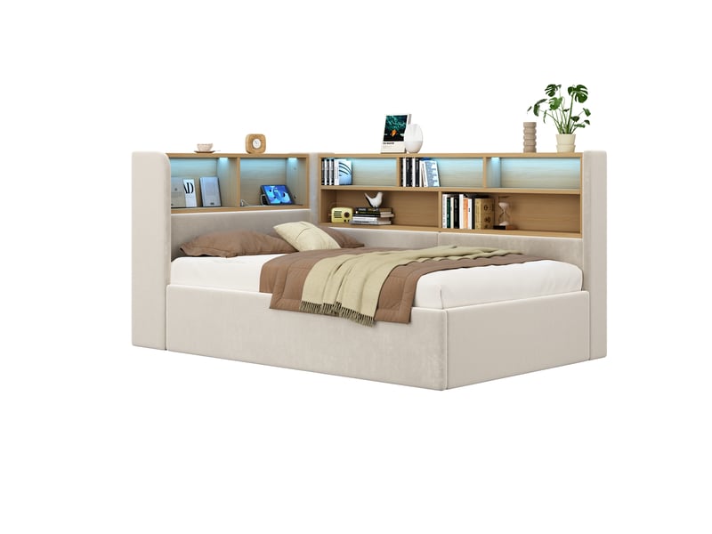 Canape lit 90x200 cm avec rangement hydraulique, lit rembourré, lit de jour avec led, usb et dossier, structure de lit, beige - Conforama B