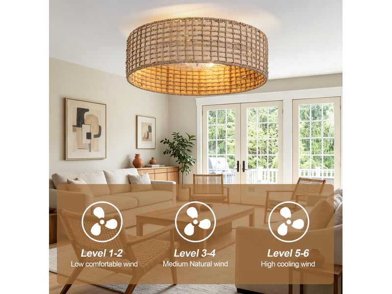  Ventilateur de plafond 19 pouces en rotin et abs beige, contrôle par application et télécommande, 6 vitesses  - Conforama E