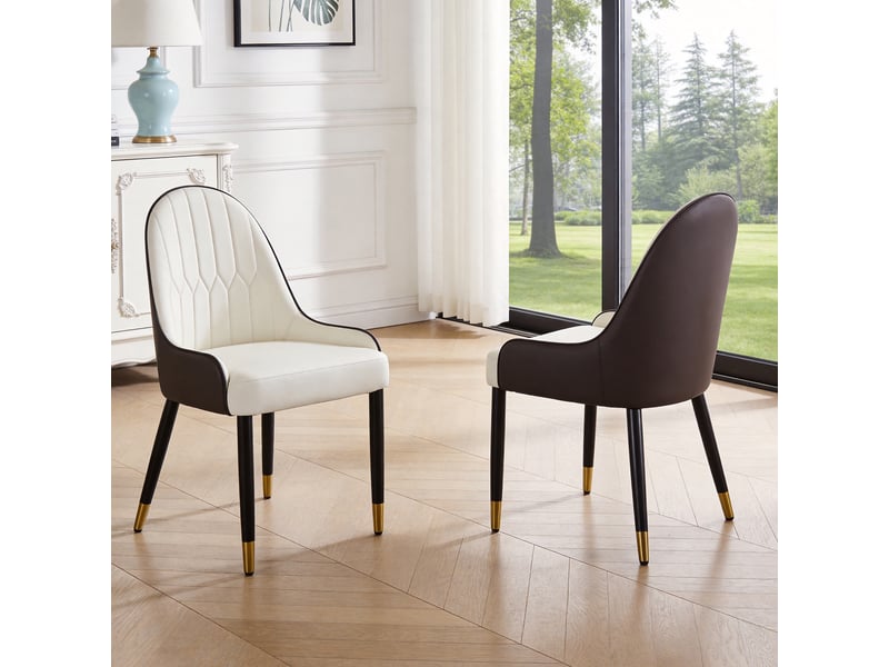  Lot de 2 chaises de salle à manger - 43x44x91 cm - chaises rembourrées bicolores en pu avec pieds en métal - blanc et marron  - Conforama D