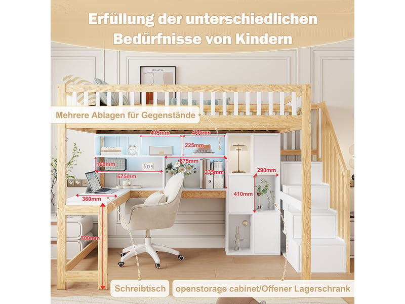  Lit mezzanine blanc et naturel 140×200 cm en pin, avec bureau, escalier de rangement, led et étagères ouvertes  - Conforama E