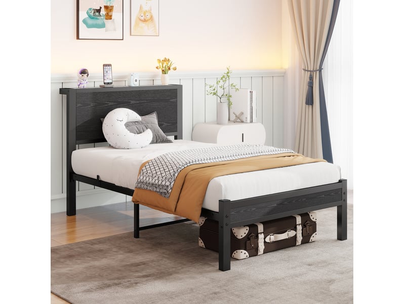  Lit simple 90x200 cm avec tête de lit et rangement, mdf et métal, noir sans matelas  - Conforama B
