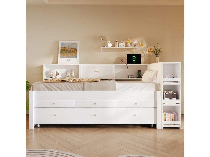  Lit gigogne 90x200 cm, couchage ouvert 90x190 cm, 3 tiroirs, usb, mdf et pin blanc sans matelas  - Conforama D