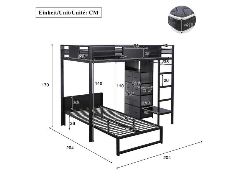  Lit superposé 120x20090x200 cm, lit enfant, tiroirs de rangement, penderie, échelle, rangements intégrés, barrière de sécurité, métal noir OPULERANE TRADING LTD - Conforama C