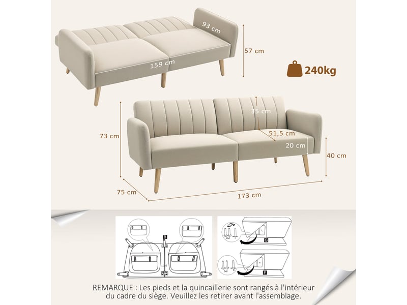 Canapé convertible 2 places design scandinave dossier inclinable 3 positions pieds bois tissu aspect lin beige - Conforama C