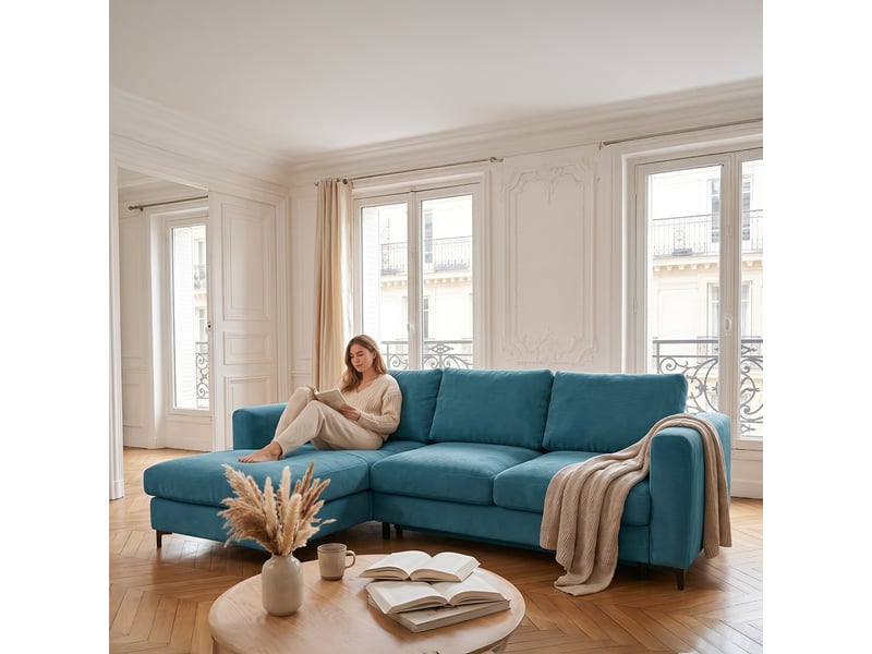  Canapé d'angle droit convertible - 4 places - velours côtelé - fiesole - bleu clair 3CA52.CA.4AC.G.14 - Conforama D