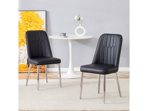 Chaises de salle à manger 2 pièces en simili cuir noir, design moderne et minimaliste, assise et dossier larges, pieds métal argenté, pour salle à manger et cuisine