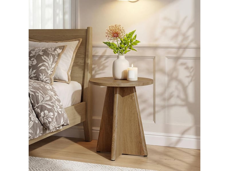  Table d'appoint ronde en bois de 50 cm, table basse robuste avec piètement en croix, petite table de canapé moderne, finition bois naturel, table pour salon ou chambre, chêne naturel  - Conforama D