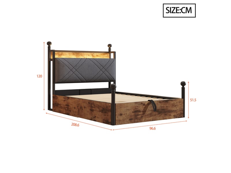 Lit baldaquin 90x190 cm, coffre modulable, dossier rembourré, éclairage led, métal, mdf, noir, motif bois, sans matelas - Conforama D