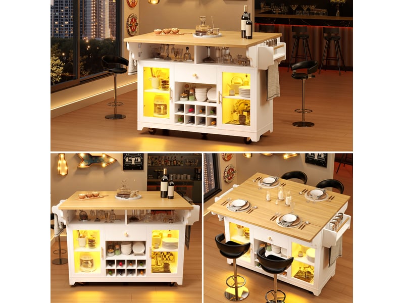 Desserte 120x40x95 cm avec plateaux rabattables et éclairage led rgb mdf blanc - Conforama C