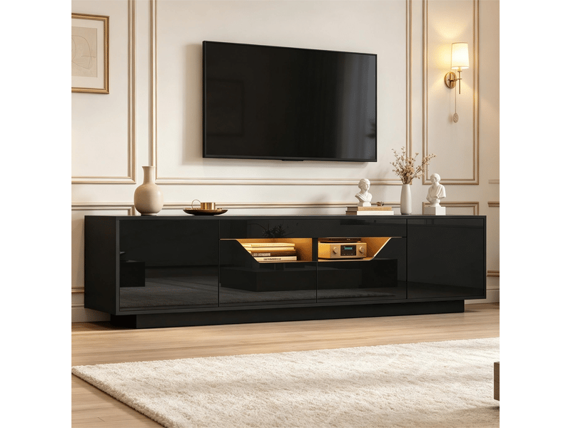 Meuble tv avec 2 portes à ouverture par pression, 2 tiroirs, led et 2 niches de rangement pour salon, 180×40×45 cm, noir - Conforama C