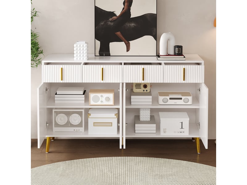  Buffet 4 portes et 4 tiroirs avec étagères réglables pour salon en mdf 140×38×82 cm blanc et doré  - Conforama C