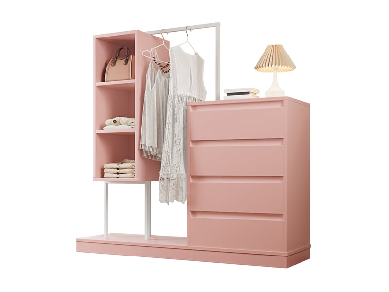  Armoire avec tiroirs 140x40x135 cm panneau de particules rose et blanc avec tringle et espaces de rangement  - Conforama A