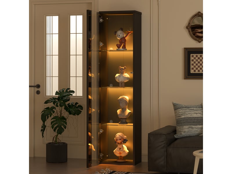  Vitrine noire avec 4 niveaux, éclairage led multicolore piloté par application, 40 x 29 x 170 cm  - Conforama E