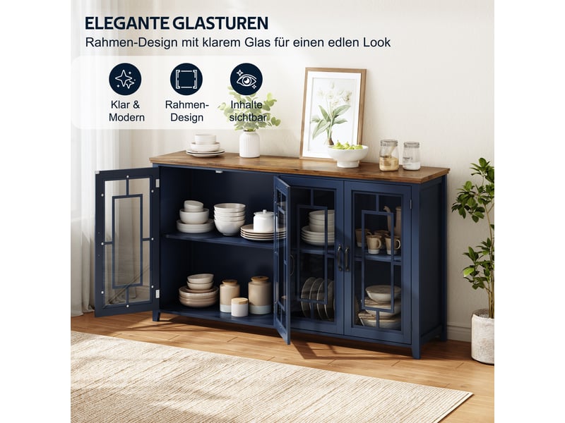  Buffet 160 cm avec portes vitrées, plateau effet bois, mdf bleu  - Conforama D