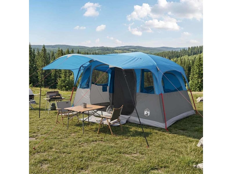 Tente tunnel, tente de camping 12 personne bleu polyester et acier - Conforama B