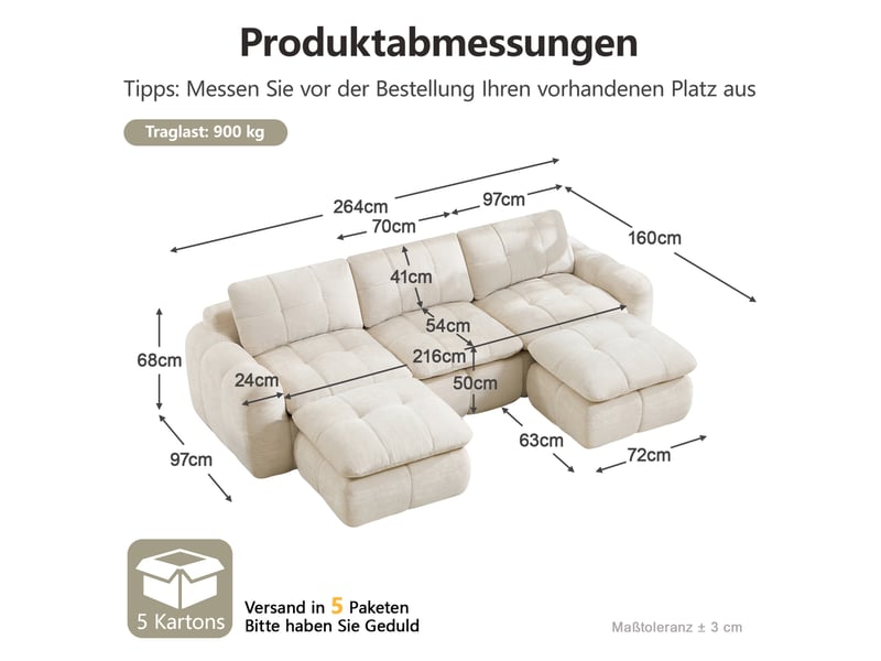 Canapé modulable en u 3 places sans cadre avec 2 ottomans, en chenille beige - Conforama C