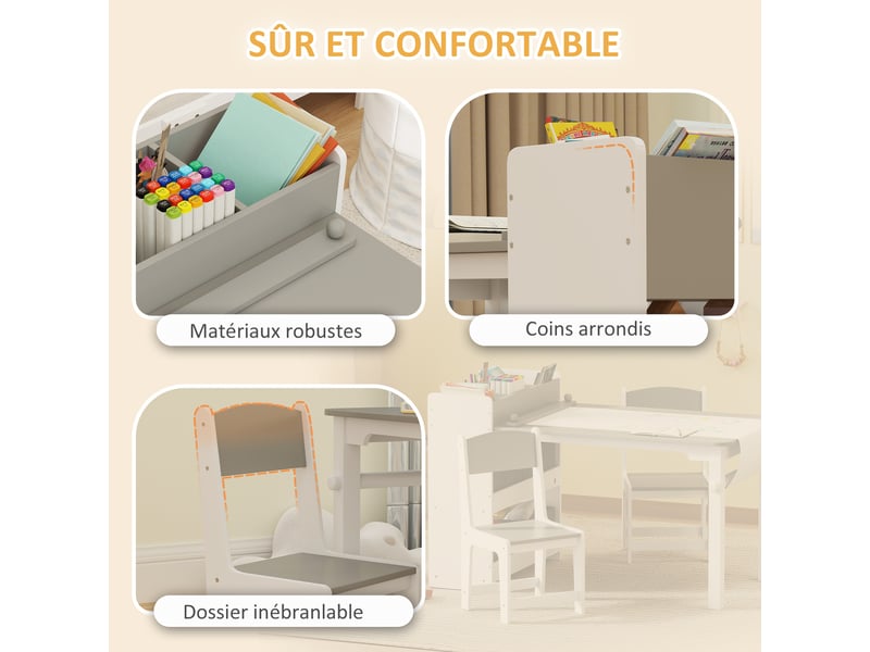  Ensemble table et 2 chaises enfant en bois avec rouleau de papier, étagères et tiroirs, gris, pour fille garçon 3-8 ans  - Conforama W