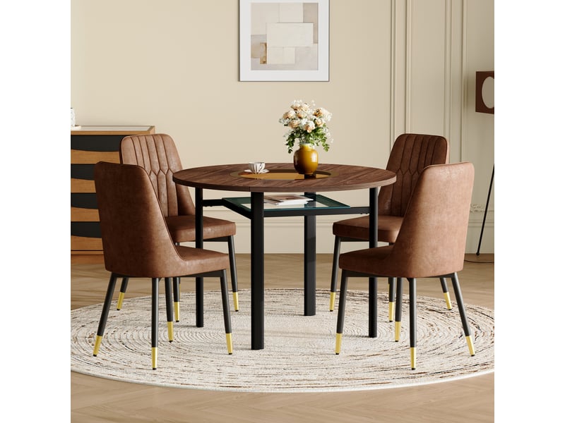  Ensemble table et chaises avec 1 table et 4 chaises  - étagère en verre - mdf, métal et tissu - marron et noir  - Conforama C