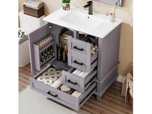 Meuble vasque 76 cm gris avec vasque céramique intégrée et 3 tiroirs cravdom