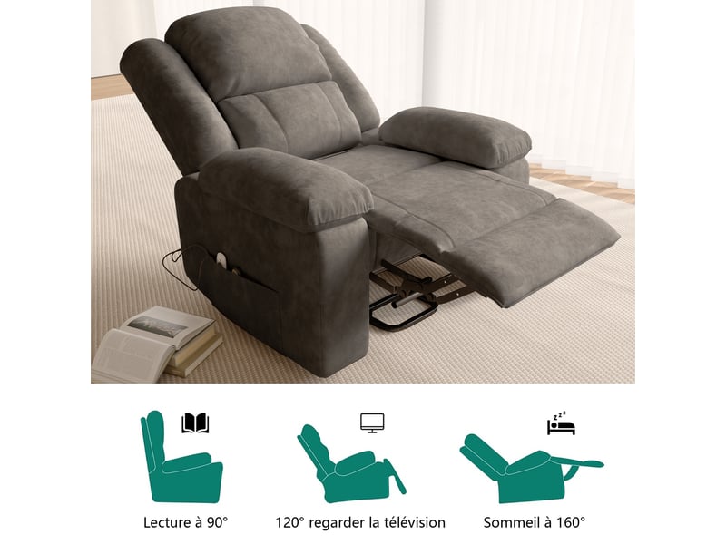  Fauteuil de massage électrique inclinable pour relaxation,chaise de massage électrique ergonomique,102x93x106 cm, 8-point massage + lumbar heating ,tissu , gris  - Conforama E