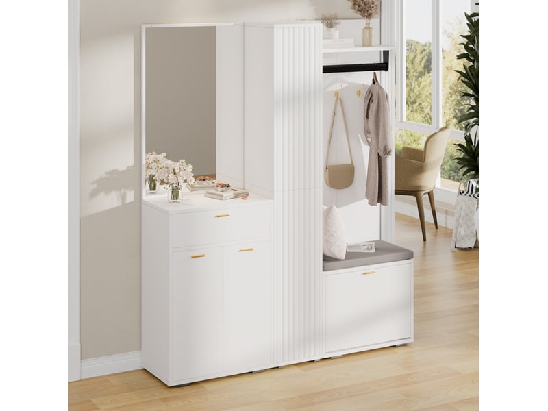  Ensemble vestiaire d’entrée 150 x 36 x 180 cm avec miroir, banc et range-chaussures  - Conforama E