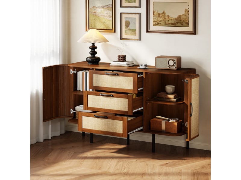  Meuble tv 180 x 40 x 45 cm poignées noires mdf 4 portes tressées pieds en fer salon  - Conforama D
