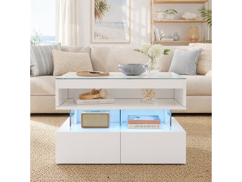  Table basse relevable 70x67x57 cm avec led 16 couleurs et rangements, blanche  - Conforama C