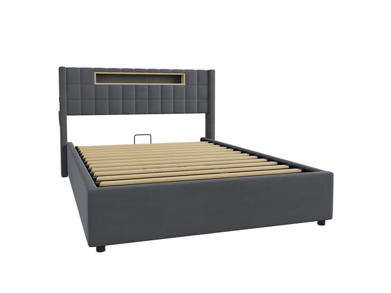  Lit coffre 140x200 cm, lit adute rembourré avec led et rangement, gris, sans matelas  - Conforama E