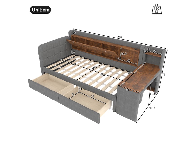  Lit banquette 90x200 en lin gris, lit canapé avec bureau modulable, 2 tiroirs et ports usb type c  - Conforama C