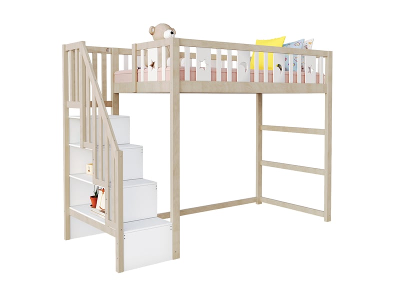  Lit mezzanine 90x200 cm, bois, avec escalier de rangement, barrière de sécurité, coloris blanc+bois, sans matelas  - Conforama E