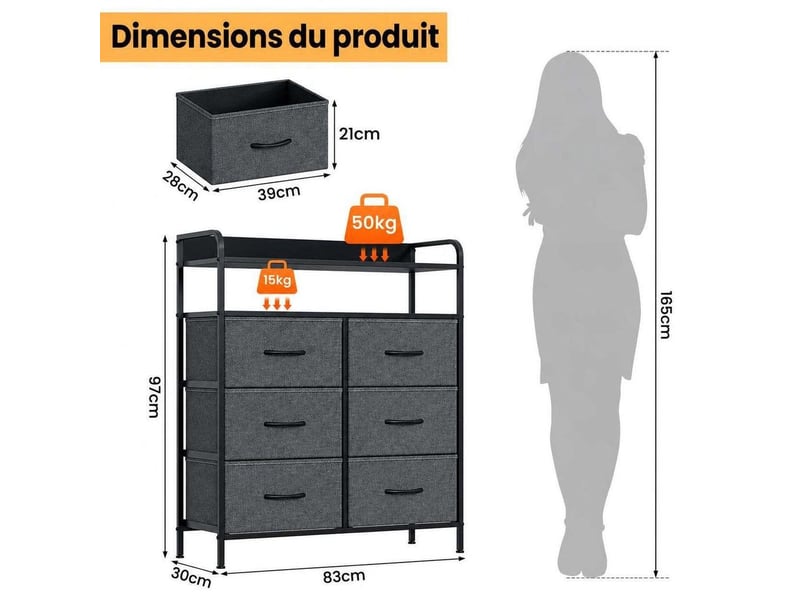  Meuble chiffonnier 83x30x97 cm six tiroirs tissu et etagere ouverte gris fonce  - Conforama D