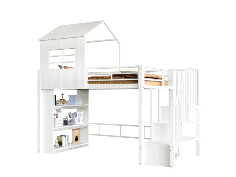 Lit mezzanine enfant 90 x 200 cm avec escalier réversible et rangements, blanc - Conforama A